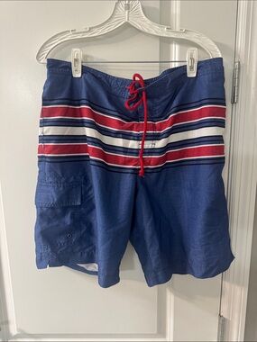 Chaps Blue Swim Board Shorts with Red and White Stripe